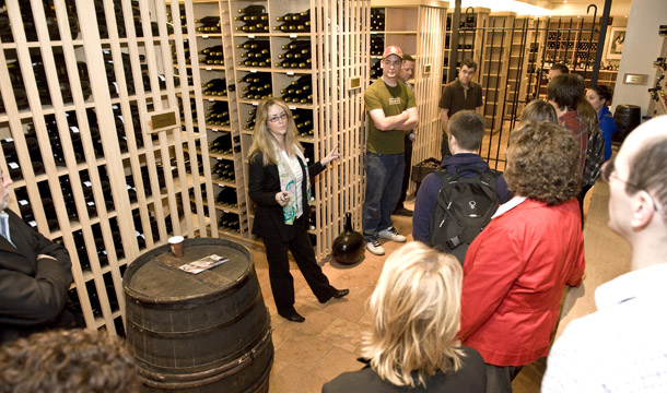 Barb Tatarnic, continuing education co-ordinator for CCOVI, explains the wine cellar and Canadian Wine Library.