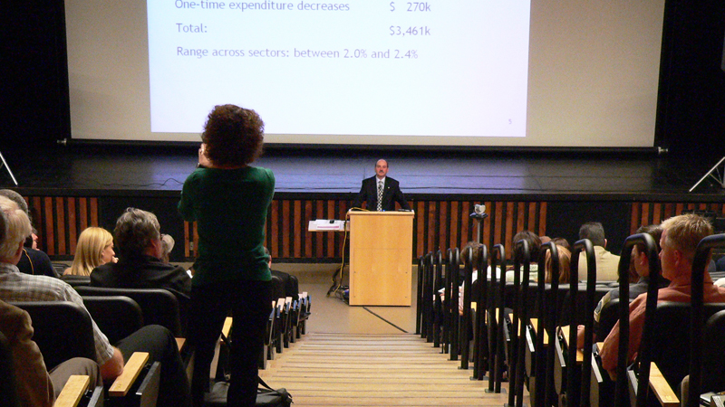 President Jack Lightstone takes a question from the floor during his May 19 Town Hall meeting.