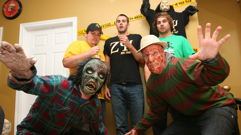 Joining the Zeta Psi haunted house event are Andrew Maxwell (in mask, on left) and Patterson Davis (as Freddie Kruger).