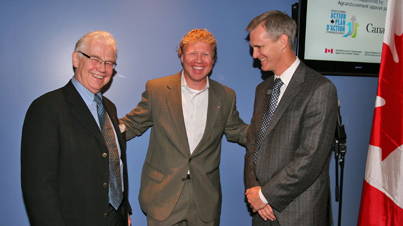 Ian Brindle, Rick Dykstra and Steven Hudson(Niagara College's Vice-President Academic) chat at the Nov. 12 announcement of the federal research funding.