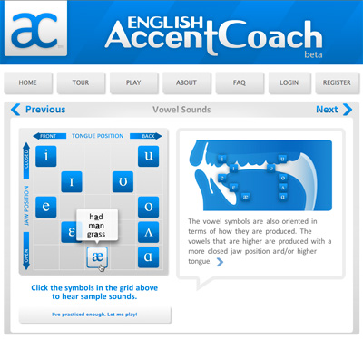 a screen shot of the English Accent Coach website