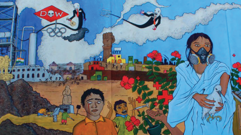 This mural was created and developed by the participants of the 2011 TAP India Pilot Project Program under the creative direction of visual artist Jamez Townsend. The mural depicts the past, present and future of the Bhopal Gas Disaster as seen through the eyes of the participants. It is both a reflection, and constructive reminder of the horrors that took place that night.