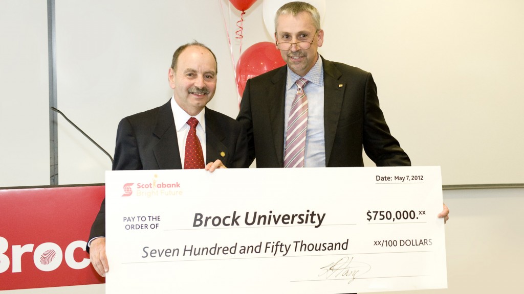 Brock University President Jack Lightstone and Laurie Stang, Senior Vice-President of Scotiabank's Ontario Region, at the May 7 gift announcement