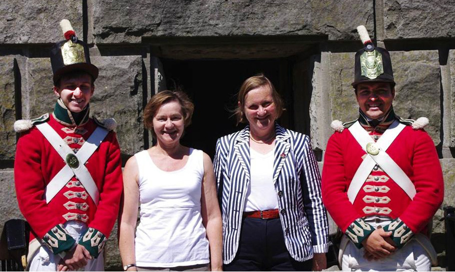 UK visitors Vivien Brock Barnes (second from left) and Penny Brock Strong joined family members on Tuesday at Brock’s Monument where they encountered soldiers from the 49th Regiment. Both women are Sir Isaac Brock's first cousins, five times removed.