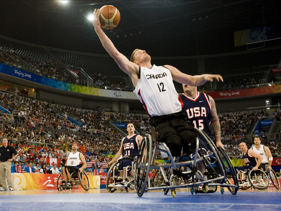 Patrick Anderson of Canada's senior men's wheelchair basketball team sets up a shot against Team USA at the 2008 Summer Games in Beijing. Both teams are meeting again for three matches before heading to the Olympics in London next week. 