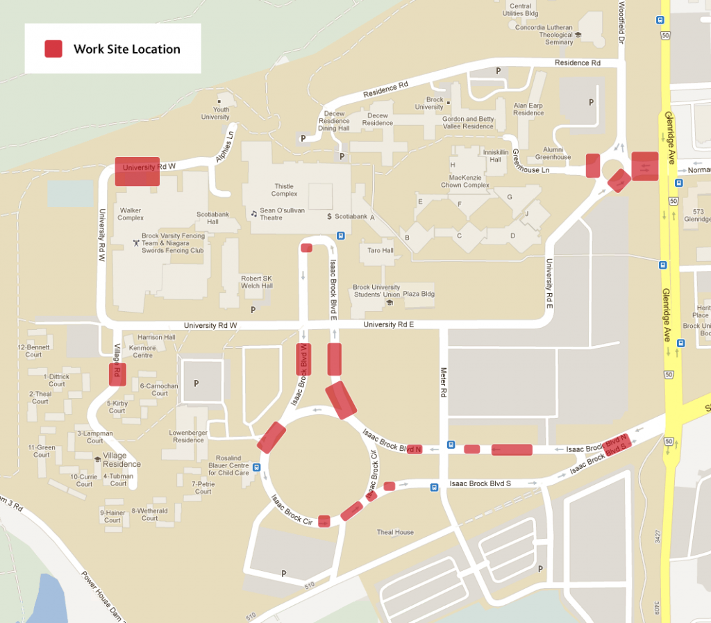 Road work on Isaac Brock Boulevard will impact traffic on campus. The areas in red indicate where work is expected to occur. 