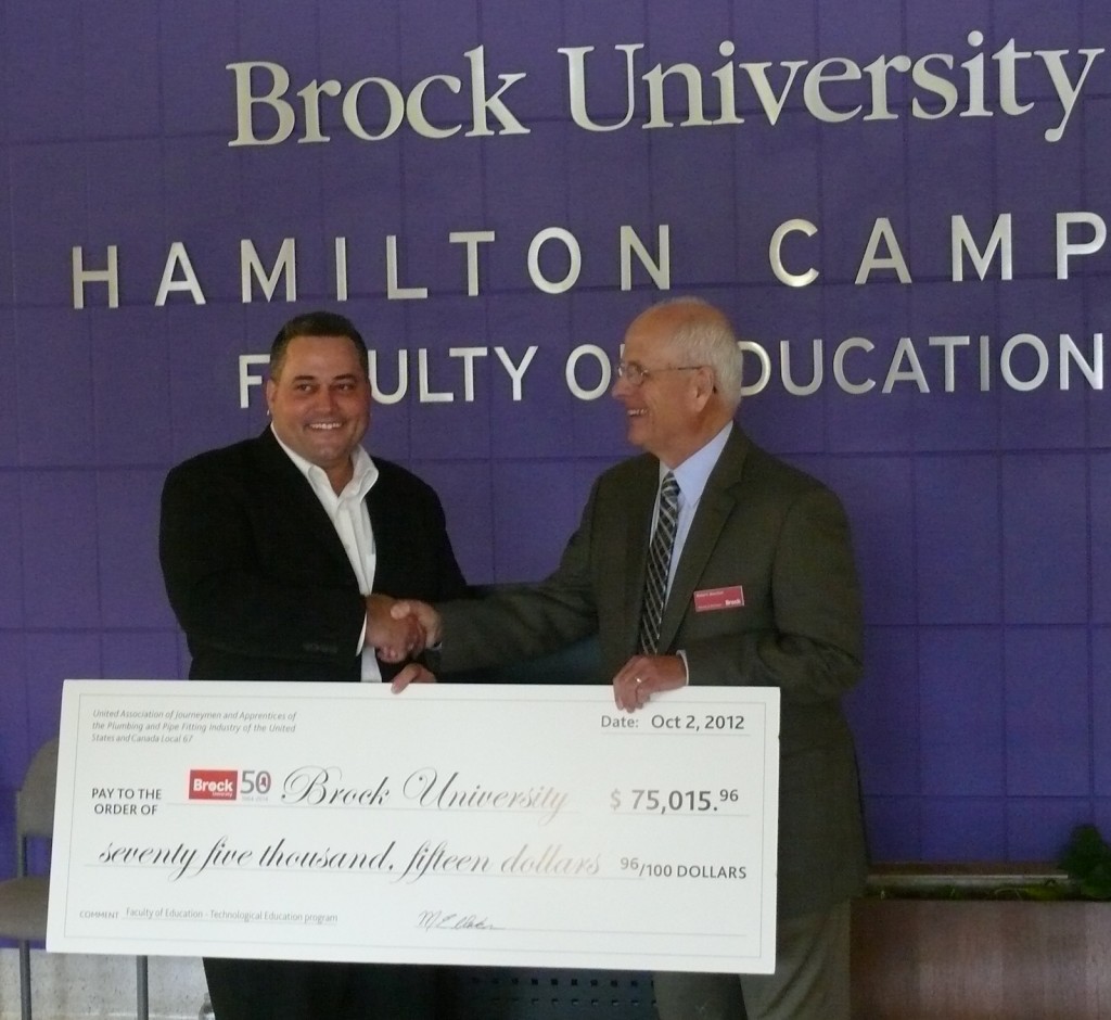 The United Association of Journeyment and Apprentices of Plumbing and Pipe Fitting donated $75,000 to Brock's Technical Education program Tuesday. 