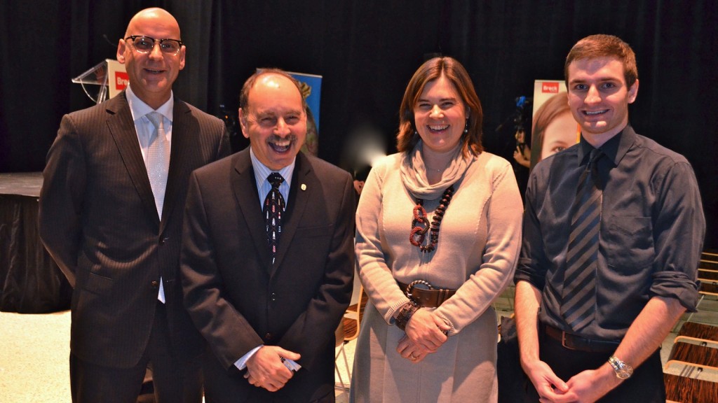 David Petis, Vice-President of Advancement, Brock President Jack Lightstone, Wendy Ward, Canada Research Chair, and student Tyler Plyley at the Bold New Brock campaign celebration. Photo: Niagara This Week.