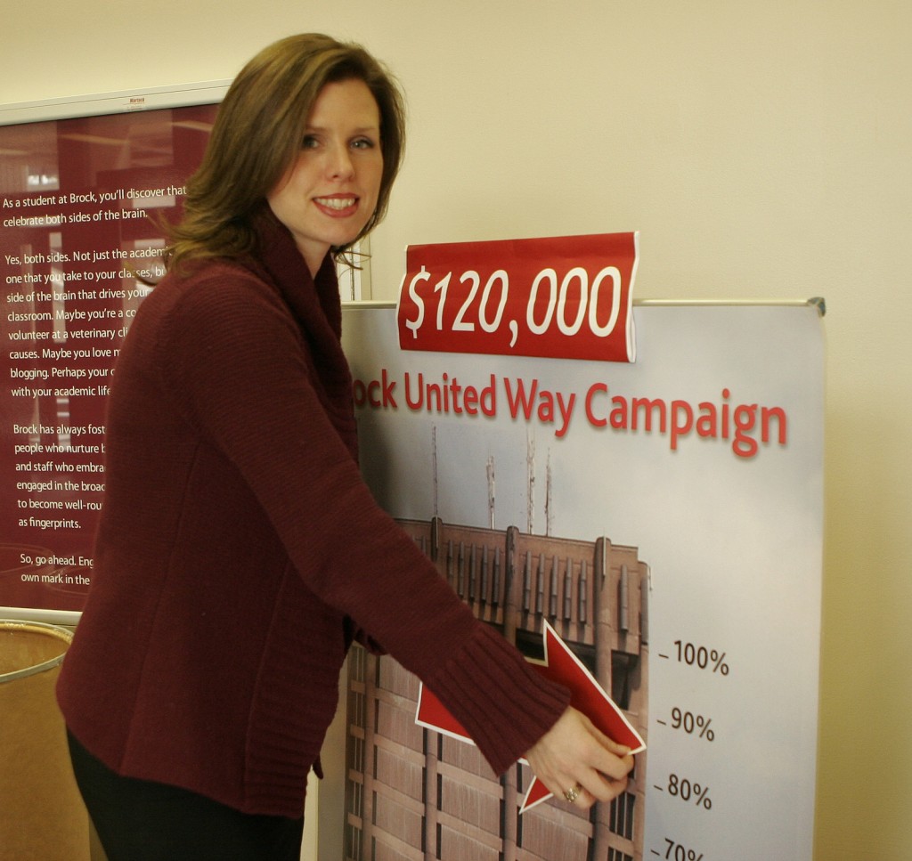 Diana Panter, United Way staff campaign chair, adjusts the tally of the Brock United Way campaign total. So far, the University has reached 85 per cent of its goal. 