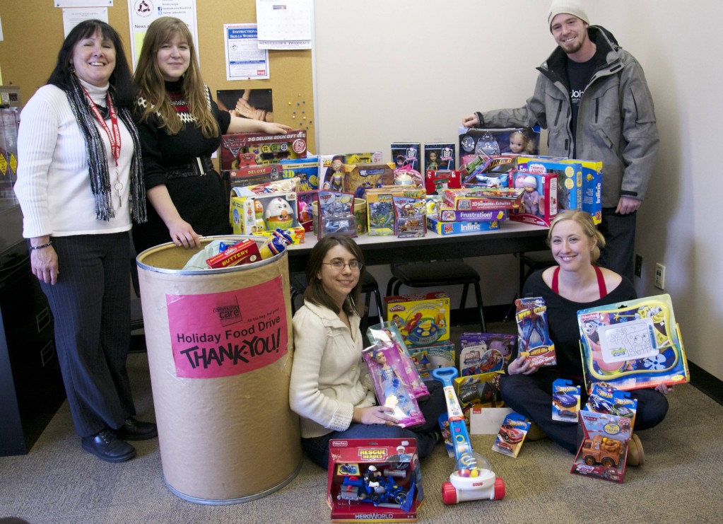 The Graduate Students' Association held a toy and food drive for Community Care of St. Catharines and Thorold. Seen here are (from left) Barb Daly, GSA office co-ordinator, Rachel Nottrodt, Cailin Rothwell, Amanda Lepp, GSA vice-president of communications and Taylor Dawson, GSA Senate representative.