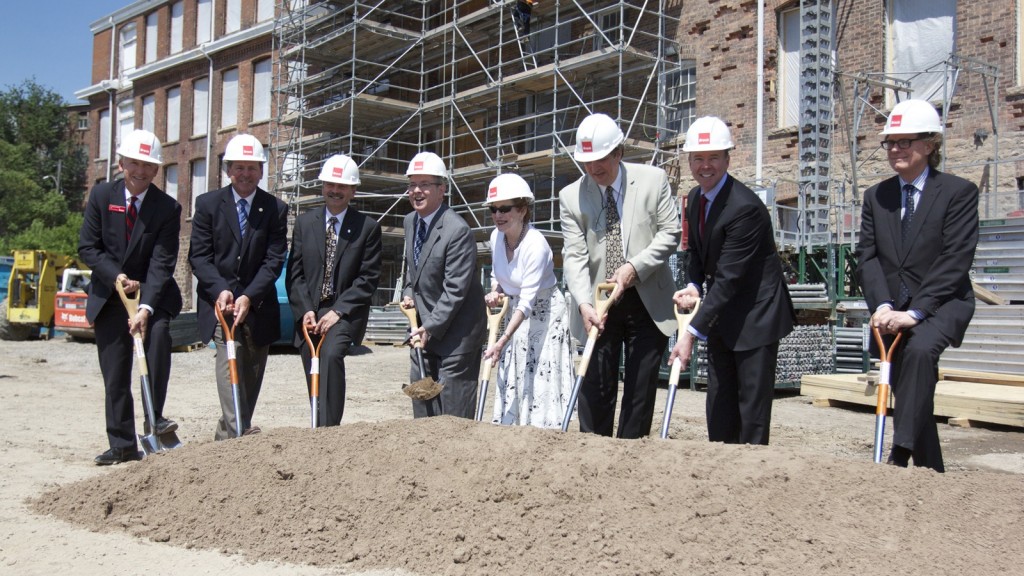 Construction of the Marilyn I. Walker School of Fine and Performing Arts was celebrated on Friday. From left: Douglas Kneale, Dean, Faculty of Humanities, John Suk, vice-chair, Brock Board of Trustees, Jack Lightstone, Brock University President and Vice-Chancellor, Jim Bradley, MPP, St. Catharines, Marilyn I. Walker, Mark Elliott, councillor, City of St. Catharines, Joe Robertson, chair, Brock Board of Trustees, Derek Knight, director, Marilyn I. Walker School of Fine and Performing Arts.