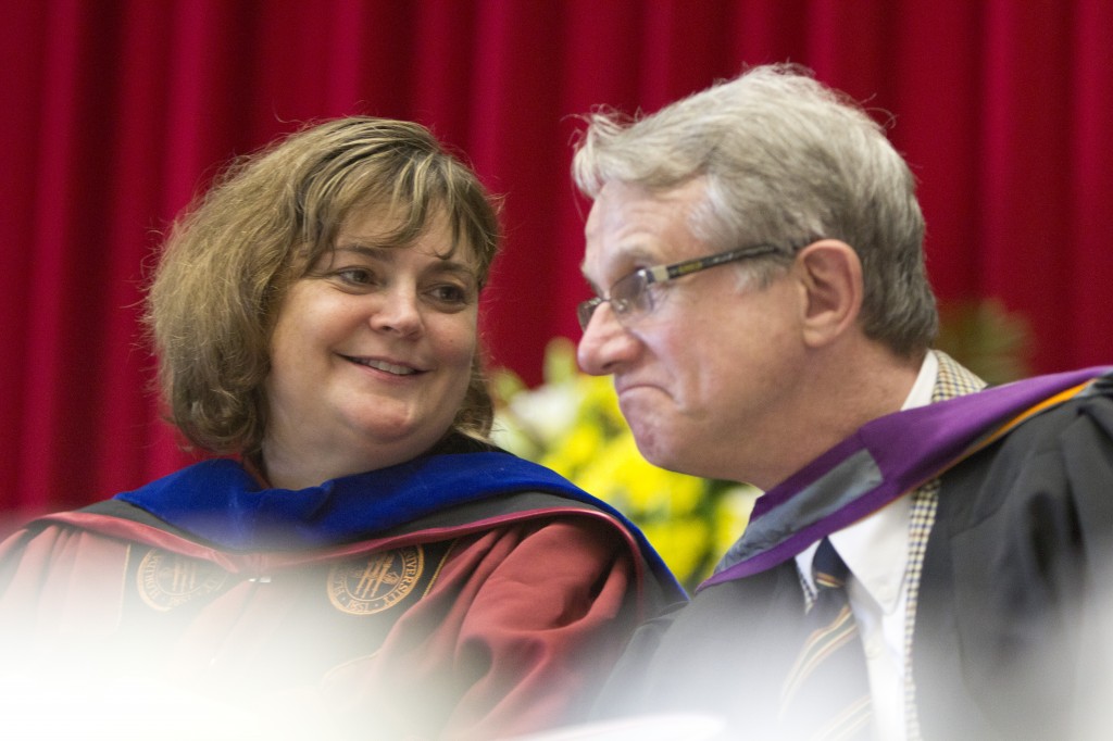Applied Health Sciences Prof. Cheri Bradish shares a moment after receiving the Faculty Award for Teaching Excellence. 