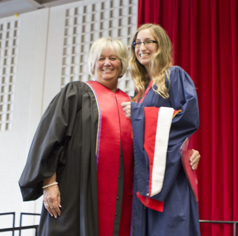 Danielle Brunetti (right) received the Spirit of Brock medal (undergraduate) From Betty-Lou Souter, of the Board of Trustees, at the Faculty of Social Sciences convocation ceremony Thursday afternoon. 