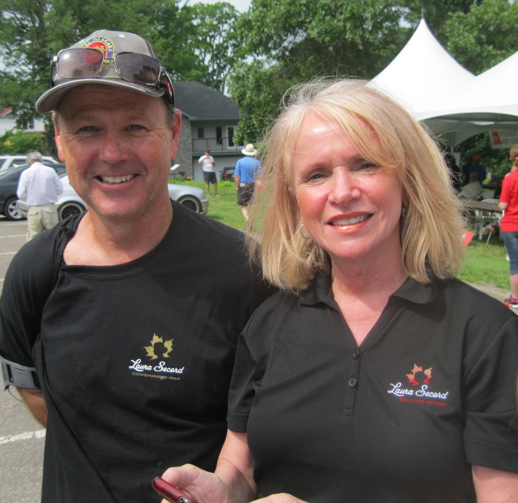 Brock's Athletic Therapist Joe Kenny joined hundreds of hikers as they walked  Laura Secord's  route from Queenston to Decou house in Thorold  on Saturday as part of the War of 1812 celebrations . Along the way Joe stopped at Brock's Rodman Hall for a rest and a picture with Laureen Harper who was an honourary guest.