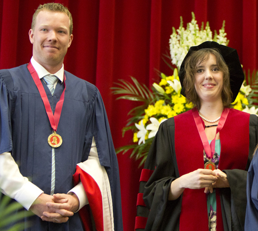 Nick Beamish and Ellen Robb were presented with Spirit of Brock medals at convocation earlier this month. Robb is heading to Cambridge, England, where she accepted a post-doctoral research position at the University of Cambridge.