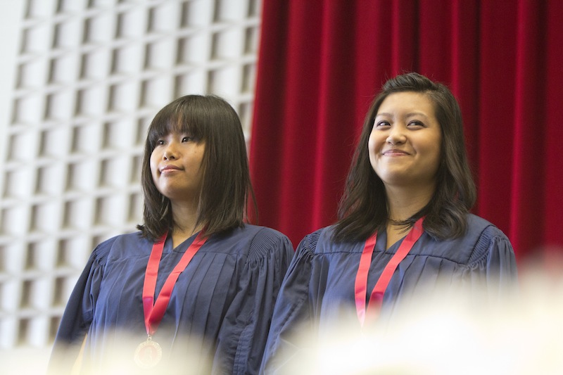 Wanting Zheng (left) and Patricia Bernardo each received the Spirit of Brock medal Saturday.