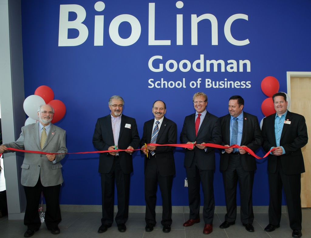From left: Dan Lynch, manager, BioLinc; Nick DiPietro, chair of BioLinc's advisory board; Brock President Jack Lightstone; Rock Dykstra, MP for St. Catharines; Don Cyr, Dean, Goodman School of Business; and Jeff Chesebrough, director of Innovation and Incubation at Brock cu the ribbon at Wednesday's BioLinc grand opening. 