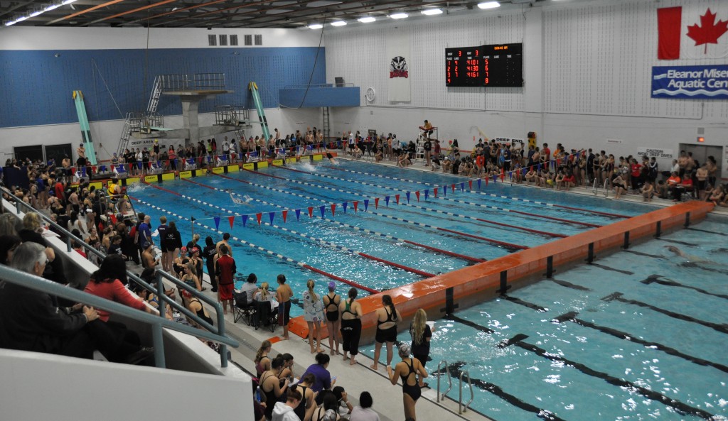 Swim meets, like this competitive high school meet, are back on at the Eleanor Misener Aquatic Centre after the centre re-opened last month. Pool users are praising improvements to air quality and noise levels at the centre. 