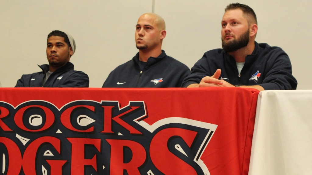Toronto Blue Jays players (from left) Esmil Rogers, Dustin McGowan and Todd Redmond speaking to a class of sport management students at Brock University.