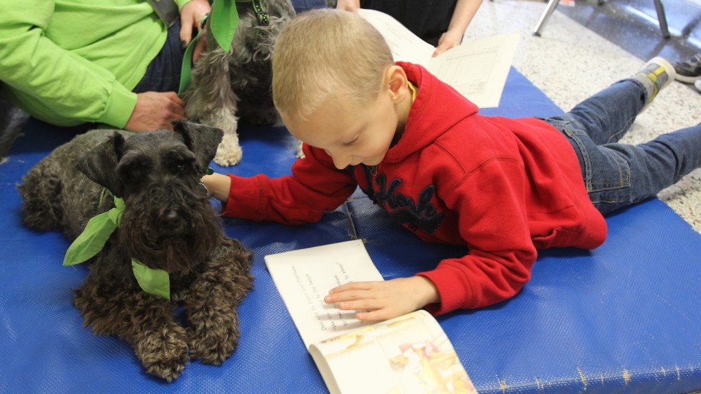 Child from St. David’s Public School interacts with his "dog buddy" while taking part in a reading activity at the school