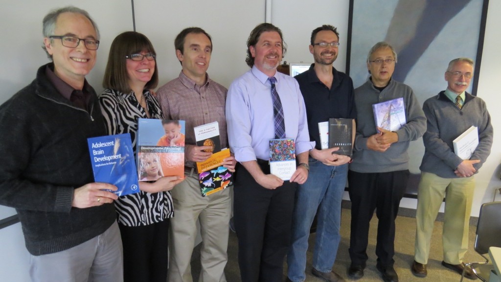 Authors in the Department of Psyhcology who were recognized at the recent Council for Research in the Social Sciences (CRISS) event. From left to right: Sid Segalowitz; Teena Willoughby; Michael Ashton; Gordon Hodson; Tony Bogaert; John Mitterer; and Stefan Brudzynski