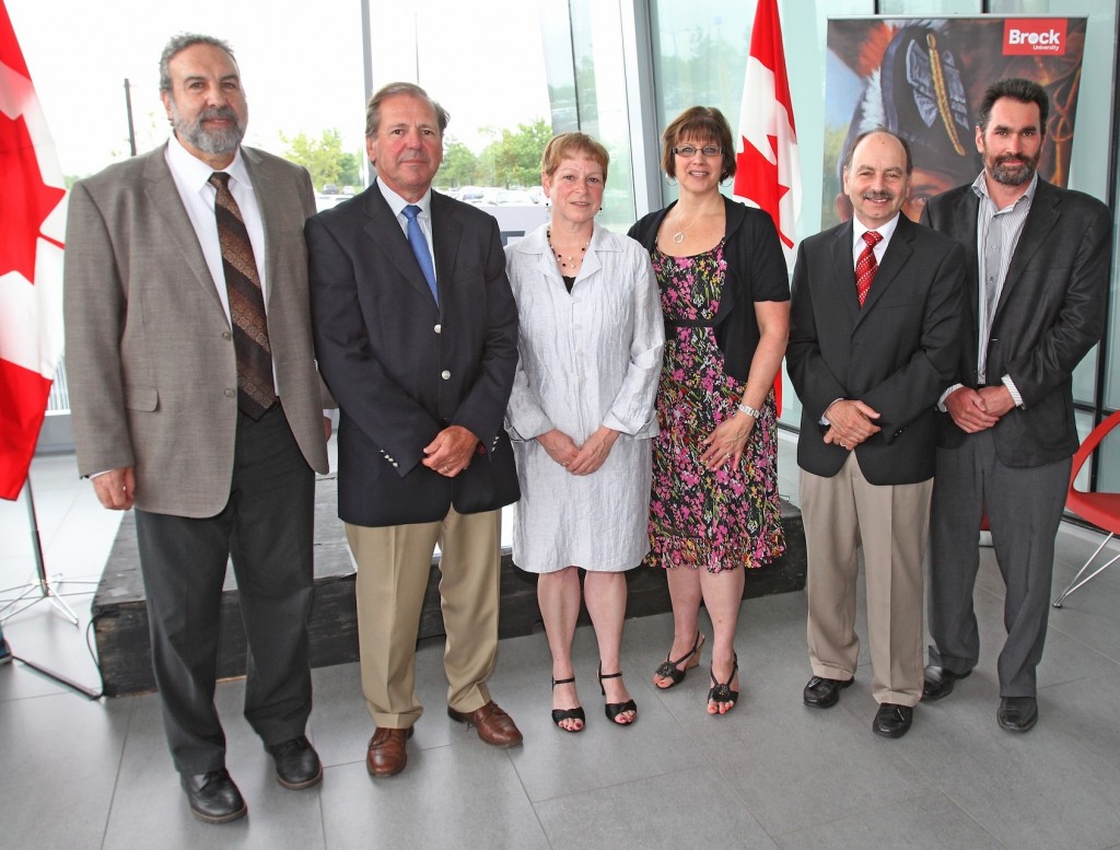 From left: Gary Libben, Vice-President, Research, Brock University; John Suk, Chair Elect, Brock Board of Trustees; Liette Vasseur, Brock's UNESCO Chair in Community Sustainability - From Local to Global; Pauline Dugré, acting manager, Canadian Commission for UNESCO; Jack Lightstone, President of Brock University; and Ryan Plummer, director of Brock's Environmental Sustainability Research Centre (ESRC).