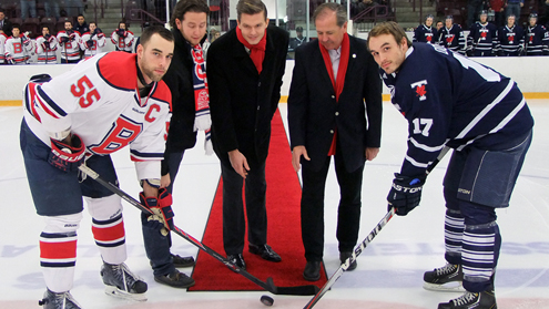 (left to right) Badgers captain Mike McGurk, BUSU VP of Student Services Paul Dermody, Milan Doczy, Brock Chair of the Board John Suk, Toronto's Andrew Doyle