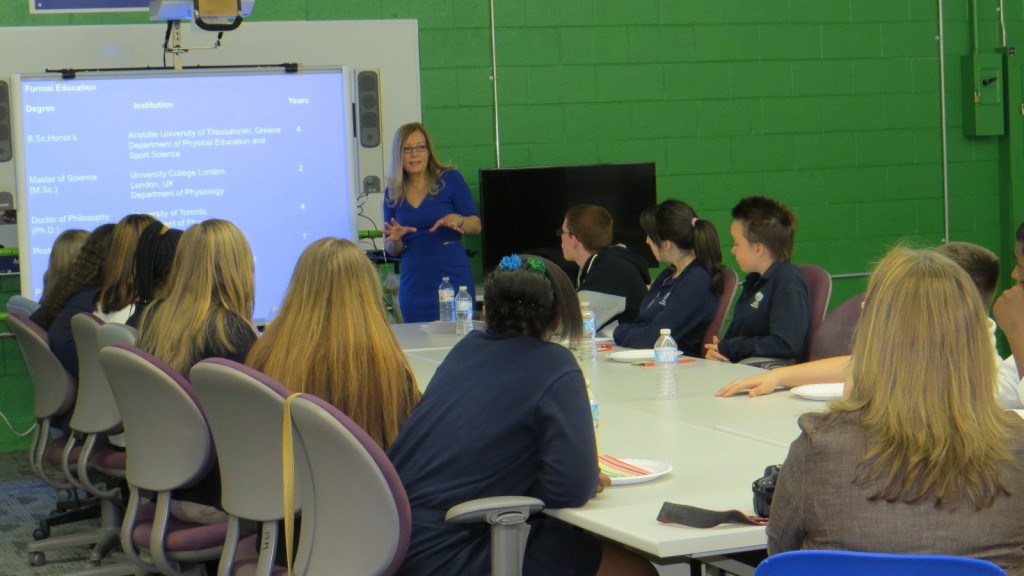 Brock researcher Evangelia Tsiani discusses her work with students at the DSBN Academy during Lunch with a Researcher.