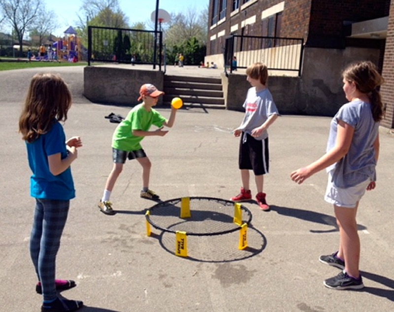 Students play spike ball, an activity created for thanks to Lauren McNamara's Recess Project and funding from Canadian Tire Jumpstart.