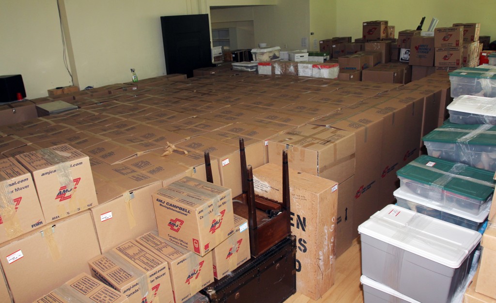One room in Thistle has become the main storage area for hundreds of boxes moving to the new building.