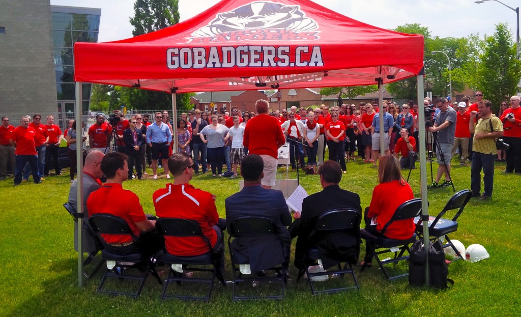 A large crowd gathered to hear the announcement of a new artificial turf field being built at Brock University.