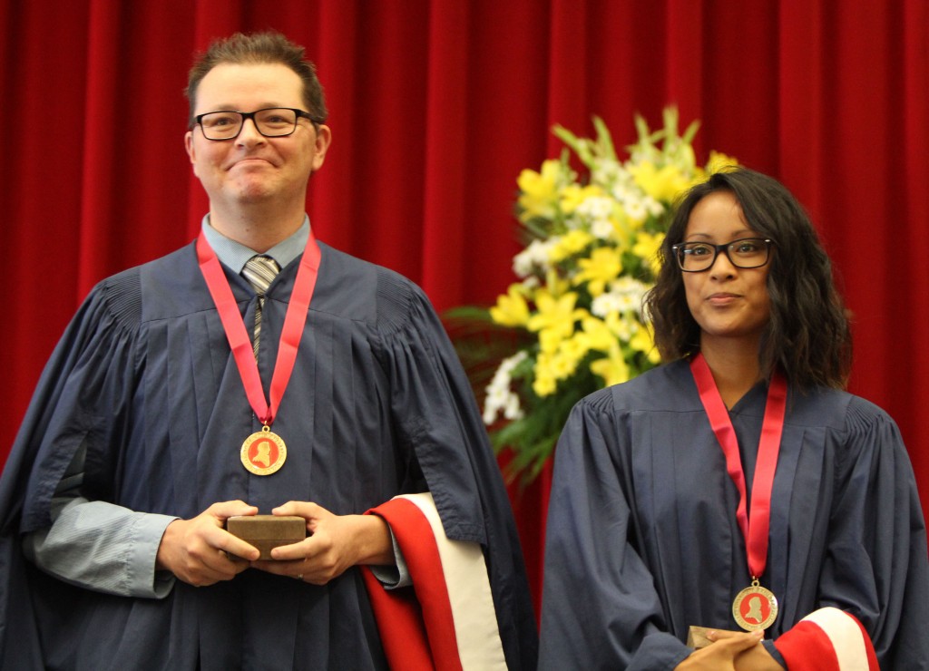 Colin Bissell (graduate) and Catelyn Talaue (undergraduate) were presented with Spirit of Brock medals at Saturday's convocation ceremony for the Faculty of Humaniities.