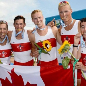 Tim Schrijver (second from right) won a gold medal in the men's coxless fours at the Pan Am Games Monday. (Photo: Twitter)