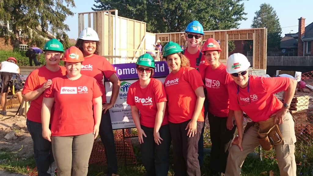 From left: Kristen Smith Angela Mott (front) Monique Beauregard Amber Scholtens Christina Bosilo Amanda Ziegler Sandy Howe Anna Lathrop participated in a women-only build for Habitat for Humanity. The Brock crew assisted with a framing blitz Monday. Maria Pillitteri, not pictured, also participated. 