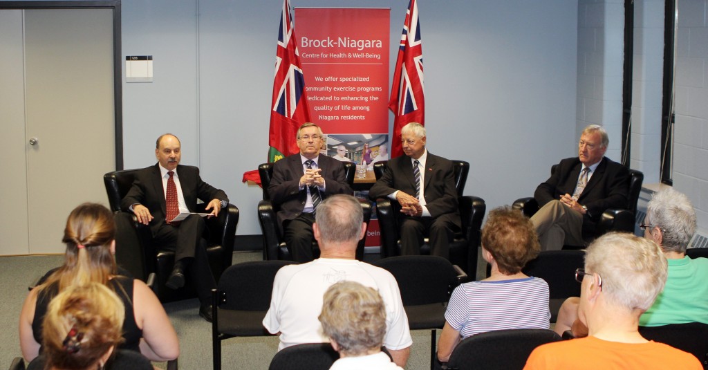 From left, Brock University President Jack Lightstone, St. Catharines MPP Jim Bradley, The Honorable Mario Sergio, Ontario’s Minister Responsible for Seniors Affairs and Vice-President, Academic Neil McCartney take part in a discussion with seniors at the Brock-Niagara Centre for Health and Well-Being Monday.