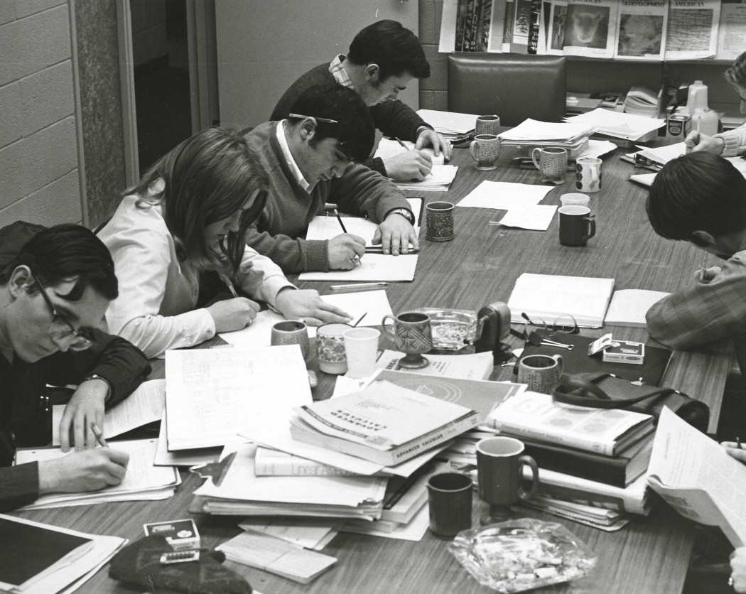 Students at Brock University in 1969 can be seen working near ashtrays. Archive photo.