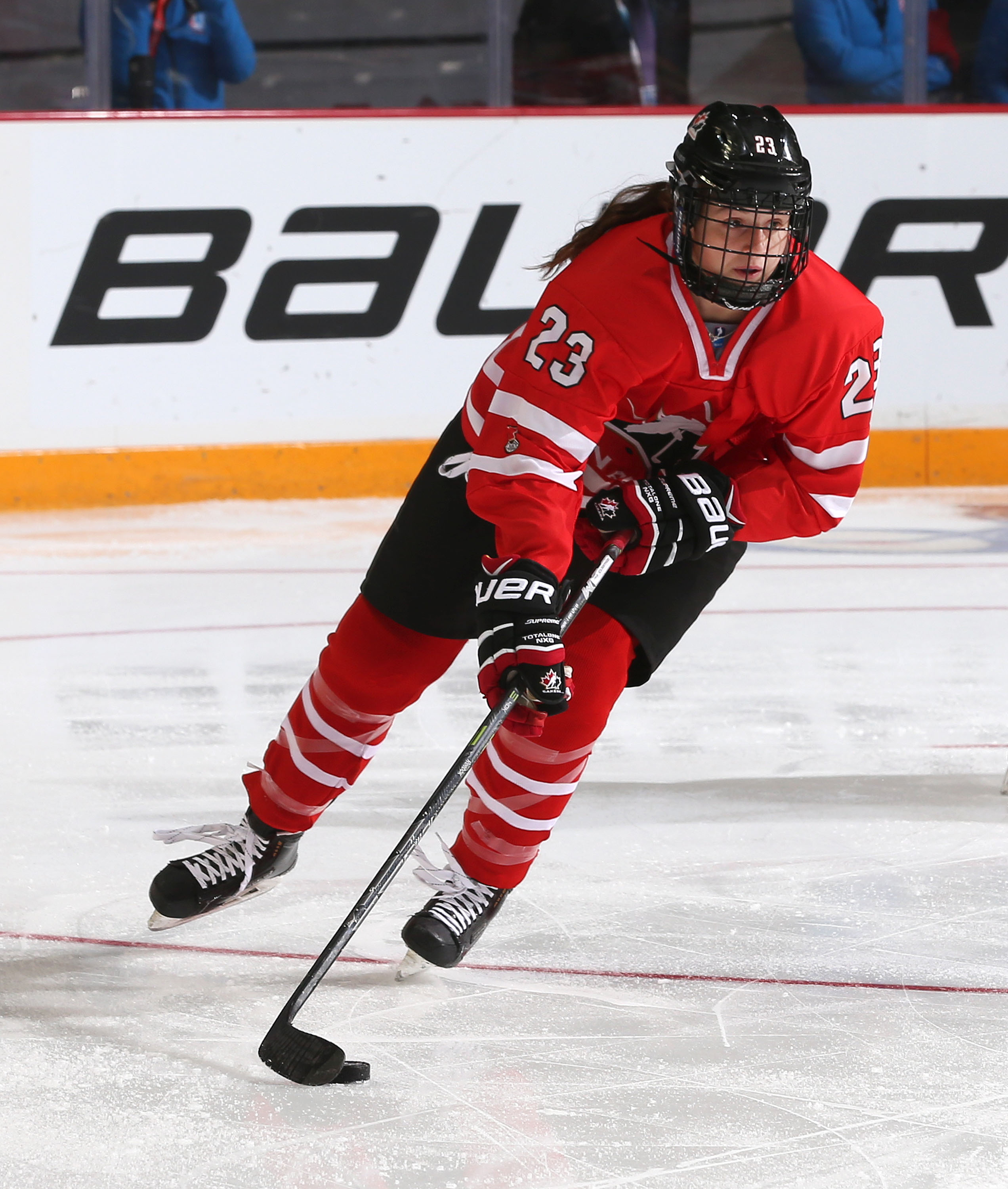 Beamsville's Annie Berg skates with the puck during one of Canada's games in the 2016 IIHF Ice Hockey U18 Women's World Championship in St. Catharines. Berg will play for the Brock Badgers next year. (Photo by Jana Chytilova/HHOF-IIHF Images)