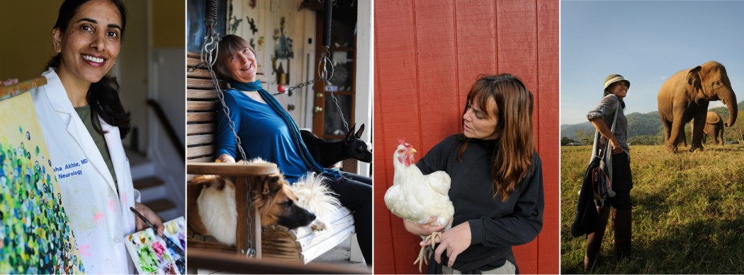 Pictures of women working with animals.