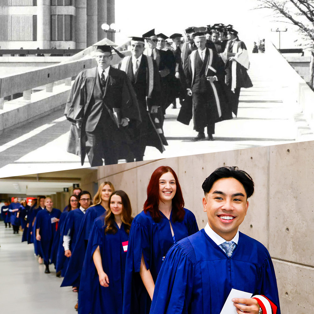 Side-by-side photos of Convocation during the 1960s, and graduates from the class of 2023.