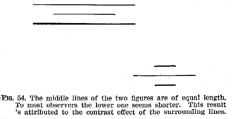 FIG 54. The middle lines of the two figures are of equal length. To most observers the lower one seems shorter. This result is attributed to the contrast effect of the surrounding lines.