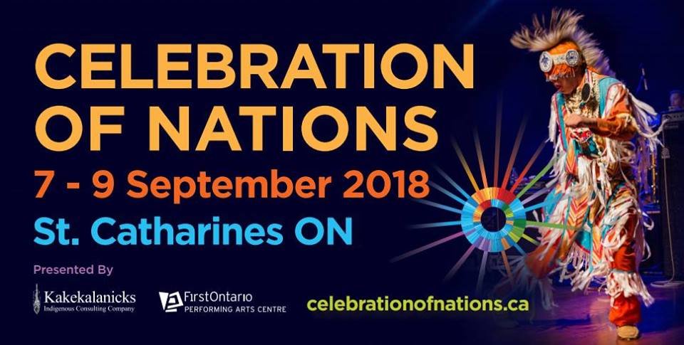 A vibrant image of an Indigenous dancer in traditional regalia on the right. Text includes event website, celebrationofnations.ca, and sponsors: Kakekalanicks and FirstOntario Performing Arts Centre.