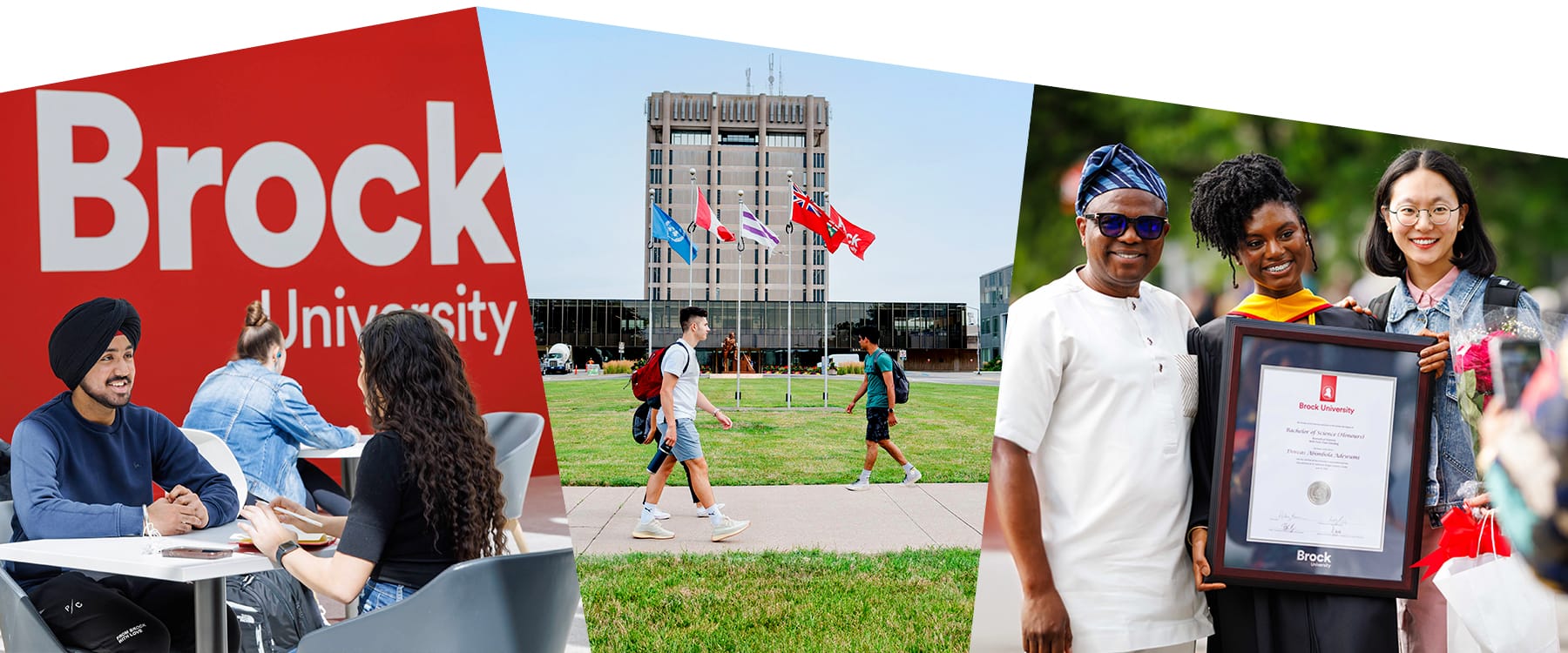 A collage showing Brock University students on campus, engaging with peers and celebrating graduation.