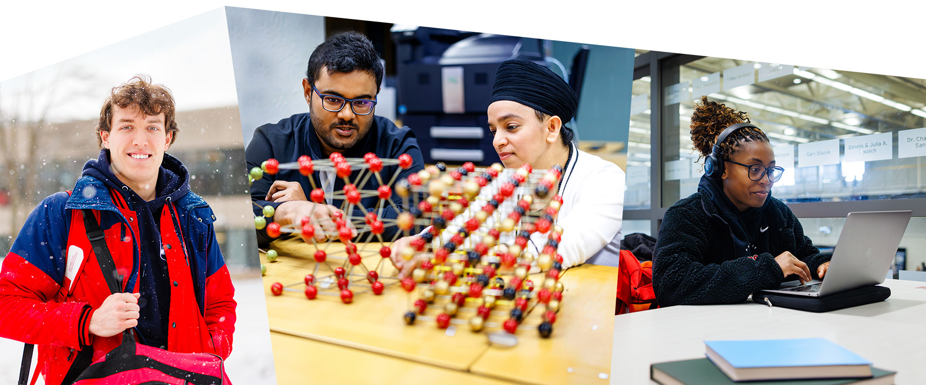 A collage featuring Brock students participating in outdoor campus life, conducting research with molecular models, and studying on campus.