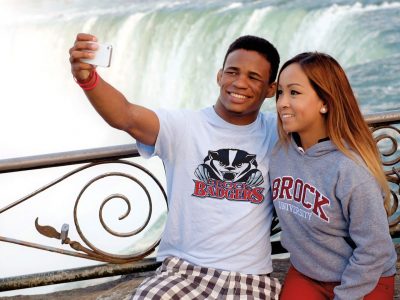 Two Brock students taking a selfie at Niagara Falls.