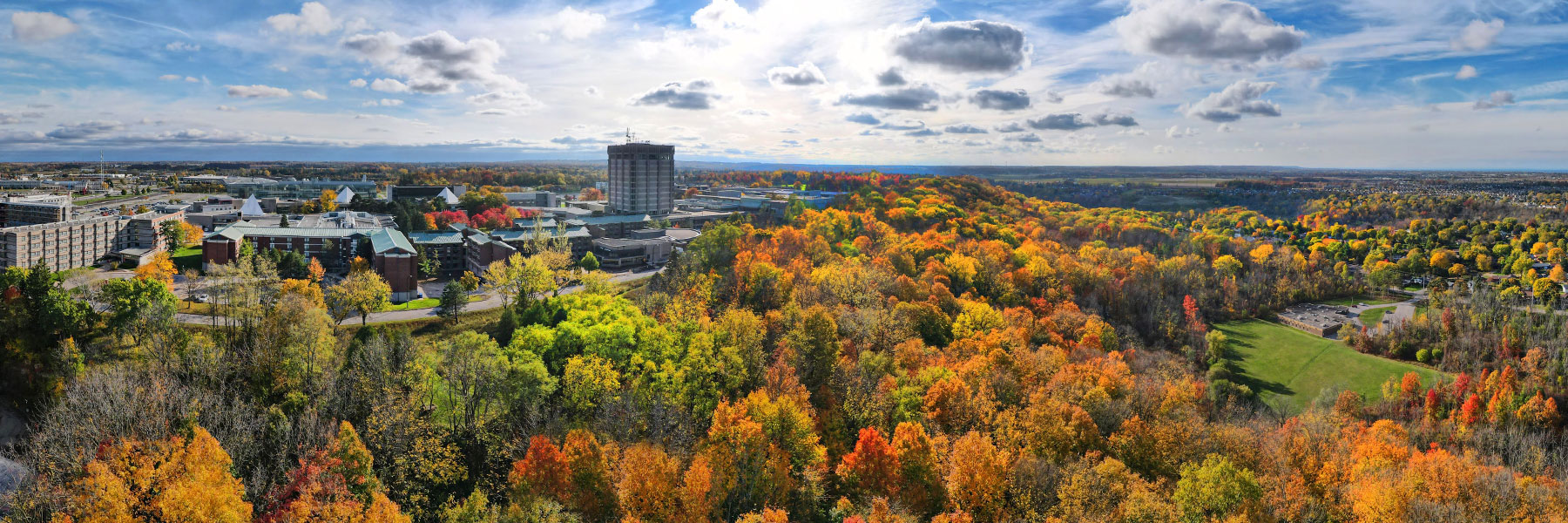 Aerial view of the main campus showing fall colours