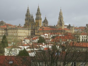 Panorama of the Old Town in Santiago de Compostela, Cathedral in centre.  People from Europe and beyond have been making the pilgramage to Santiago via the Way of Saint James since the middle ages. 