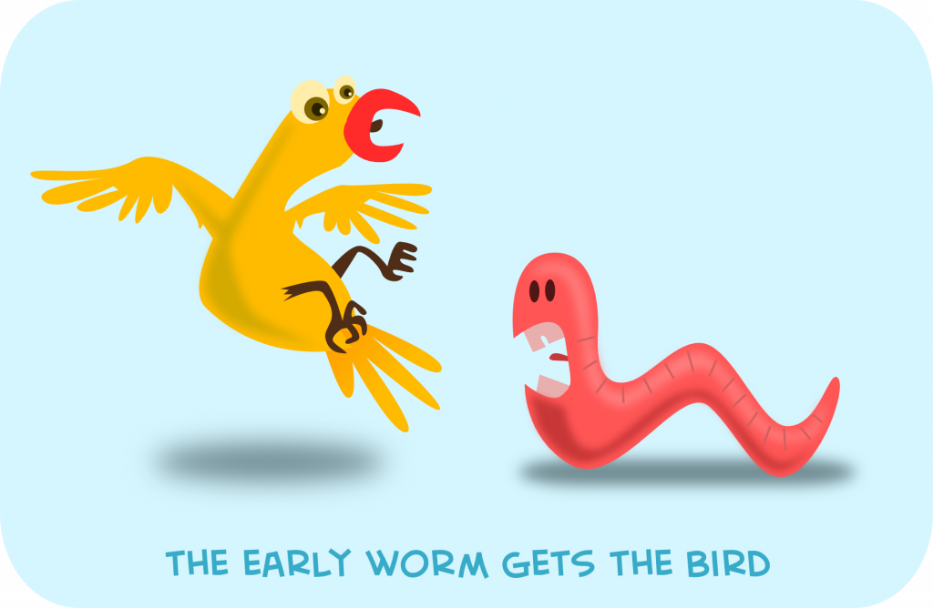 cartoon worm chasing cartoon bird "The early worm gets the bird"