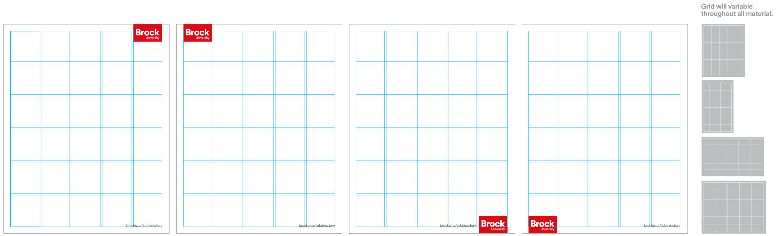 bu-logo-placement1 A mockup of the proper placement of the Brock logo on various page layouts.