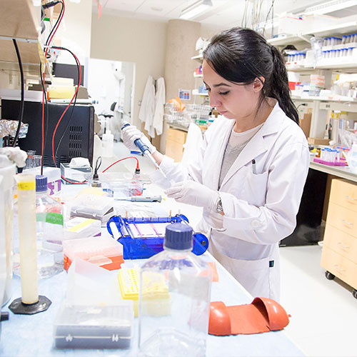 A researcher prepares samples in a lab at the Cairns Family Health and Bioscience Research Complex, located at Brock University.