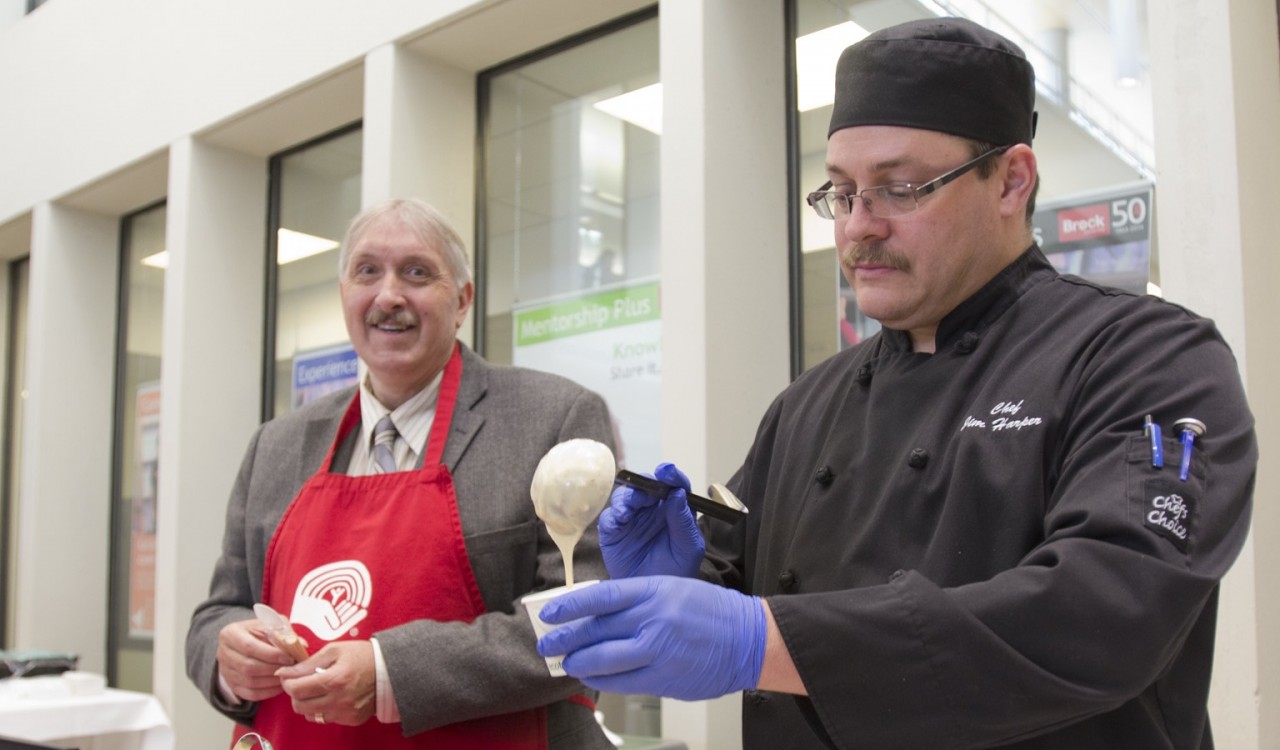 Graduate Studies Dean Mike Plyley and Dining Services Chef Jim Harper serve up Dutch potato soup at the Souper Star Lunch in this file photo.